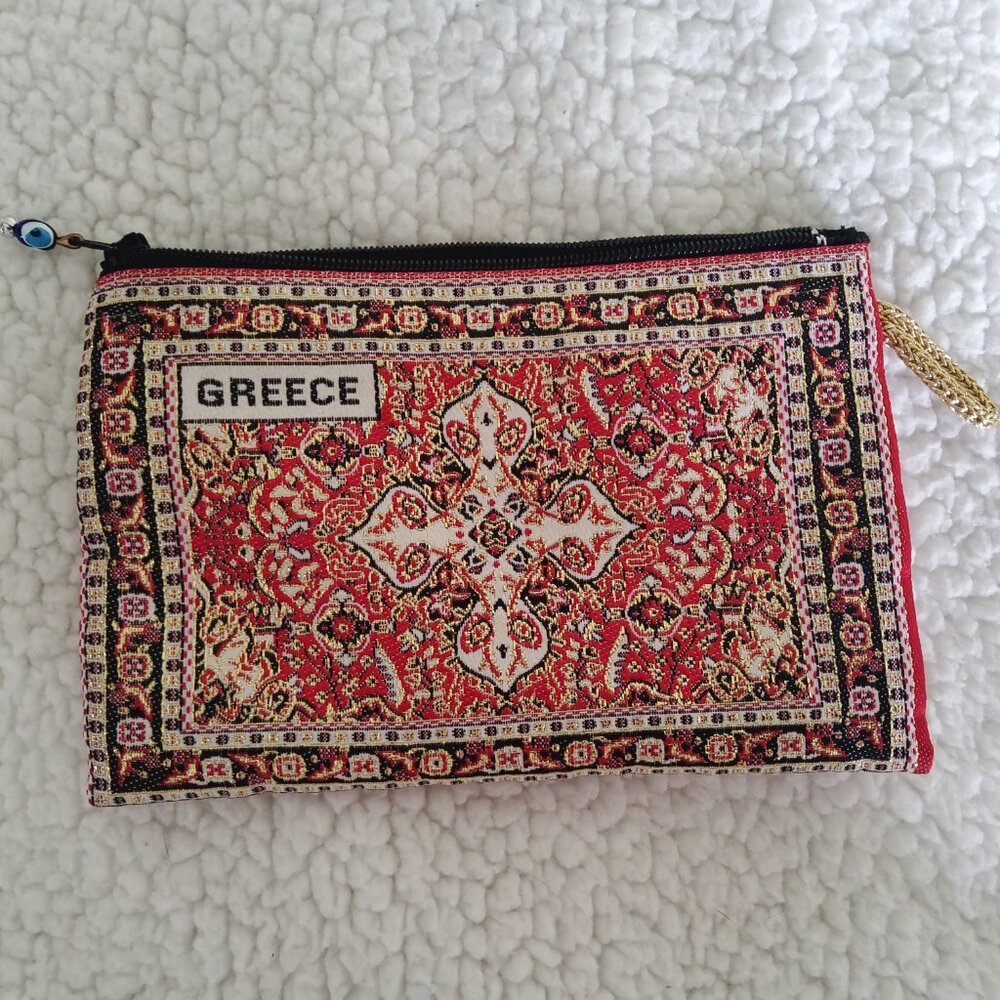 Greek Souvenir Tapestry Patterned Makeup Pouch | Bohemian Miniature Bag Charm